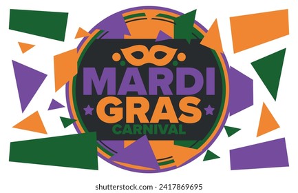 Mardi Gras Carnival in New Orleans. Fat Tuesday. Traditional holiday, celebration annual. Folk festival, costume masquerade, fun party. Carnival mask. Poster, card, banner and background. Vector