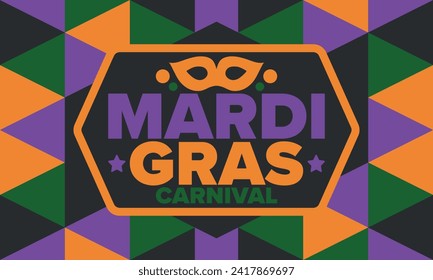 Mardi Gras Carnival in New Orleans. Fat Tuesday. Traditional holiday, celebration annual. Folk festival, costume masquerade, fun party. Carnival mask. Poster, card, banner and background. Vector