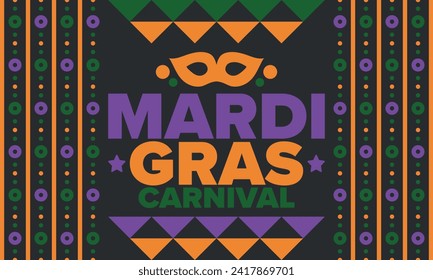 Mardi Gras Carnival in New Orleans. Fat Tuesday. Traditional holiday, celebration annual. Folk festival, costume masquerade, fun party. Carnival mask. Poster, card, banner and background. Vector