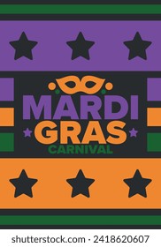 Mardi Gras Carnival in New Orleans. Fat Tuesday. Traditional holiday, celebration annual. Folk festival, costume masquerade, fun party. Carnival mask. Poster, card, banner and background. Vector