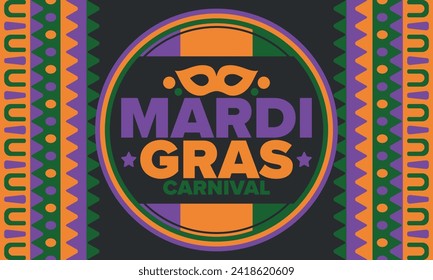 Mardi Gras Carnival in New Orleans. Fat Tuesday. Traditional holiday, celebration annual. Folk festival, costume masquerade, fun party. Carnival mask. Poster, card, banner and background. Vector