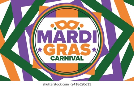 Mardi Gras Carnival in New Orleans. Fat Tuesday. Traditional holiday, celebration annual. Folk festival, costume masquerade, fun party. Carnival mask. Poster, card, banner and background. Vector