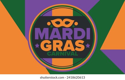 Mardi Gras Carnival in New Orleans. Fat Tuesday. Traditional holiday, celebration annual. Folk festival, costume masquerade, fun party. Carnival mask. Poster, card, banner and background. Vector