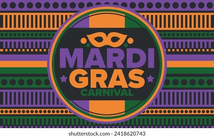 Mardi Gras Carnival in New Orleans. Fat Tuesday. Traditional holiday, celebration annual. Folk festival, costume masquerade, fun party. Carnival mask. Poster, card, banner and background. Vector