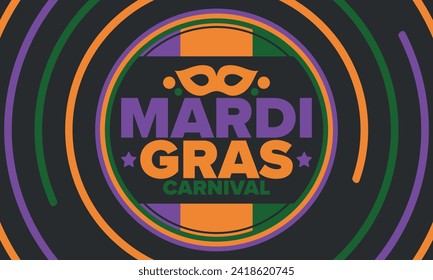 Mardi Gras Carnival in New Orleans. Fat Tuesday. Traditional holiday, celebration annual. Folk festival, costume masquerade, fun party. Carnival mask. Poster, card, banner and background. Vector