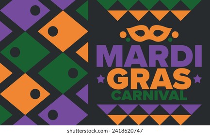 Mardi Gras Carnival in New Orleans. Fat Tuesday. Traditional holiday, celebration annual. Folk festival, costume masquerade, fun party. Carnival mask. Poster, card, banner and background. Vector