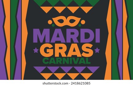 Mardi Gras Carnival in New Orleans. Fat Tuesday. Traditional holiday, celebration annual. Folk festival, costume masquerade, fun party. Carnival mask. Poster, card, banner and background. Vector