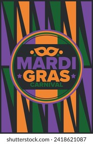 Mardi Gras Carnival in New Orleans. Fat Tuesday. Traditional holiday, celebration annual. Folk festival, costume masquerade, fun party. Carnival mask. Poster, card, banner and background. Vector