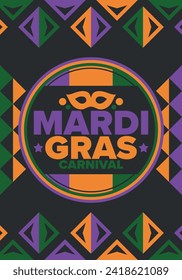 Mardi Gras Carnival in New Orleans. Fat Tuesday. Traditional holiday, celebration annual. Folk festival, costume masquerade, fun party. Carnival mask. Poster, card, banner and background. Vector