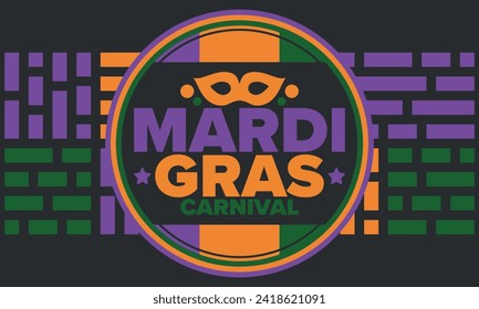 Mardi Gras Carnival in New Orleans. Fat Tuesday. Traditional holiday, celebration annual. Folk festival, costume masquerade, fun party. Carnival mask. Poster, card, banner and background. Vector