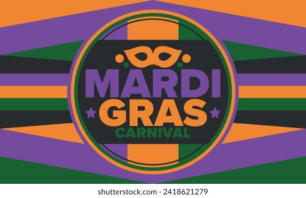 Mardi Gras Carnival in New Orleans. Fat Tuesday. Traditional holiday, celebration annual. Folk festival, costume masquerade, fun party. Carnival mask. Poster, card, banner and background. Vector