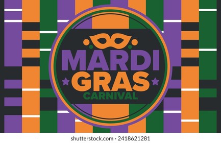 Mardi Gras Carnival in New Orleans. Fat Tuesday. Traditional holiday, celebration annual. Folk festival, costume masquerade, fun party. Carnival mask. Poster, card, banner and background. Vector