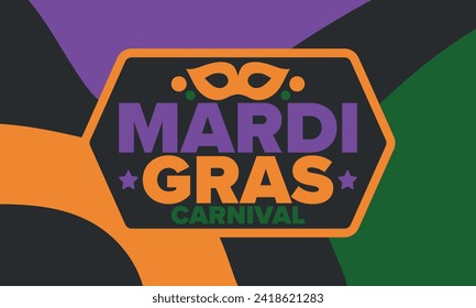 Mardi Gras Carnival in New Orleans. Fat Tuesday. Traditional holiday, celebration annual. Folk festival, costume masquerade, fun party. Carnival mask. Poster, card, banner and background. Vector