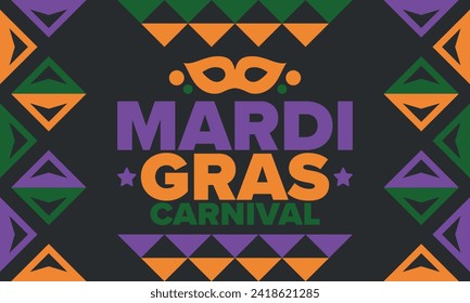 Mardi Gras Carnival in New Orleans. Fat Tuesday. Traditional holiday, celebration annual. Folk festival, costume masquerade, fun party. Carnival mask. Poster, card, banner and background. Vector