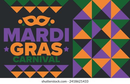 Mardi Gras Carnival in New Orleans. Fat Tuesday. Traditional holiday, celebration annual. Folk festival, costume masquerade, fun party. Carnival mask. Poster, card, banner and background. Vector