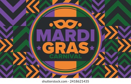 Mardi Gras Carnival in New Orleans. Fat Tuesday. Traditional holiday, celebration annual. Folk festival, costume masquerade, fun party. Carnival mask. Poster, card, banner and background. Vector