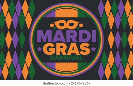 Mardi Gras Carnival in New Orleans. Fat Tuesday. Traditional holiday, celebration annual. Folk festival, costume masquerade, fun party. Carnival mask. Poster, card, banner and background. Vector