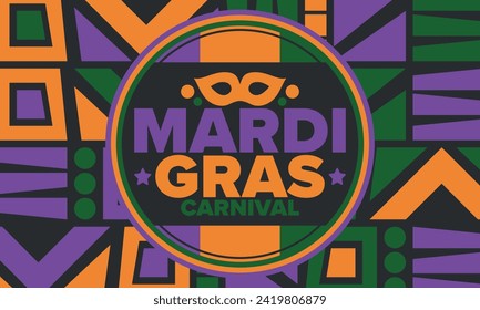 Mardi Gras Carnival in New Orleans. Fat Tuesday. Traditional holiday, celebration annual. Folk festival, costume masquerade, fun party. Carnival mask. Poster, card, banner and background. Vector