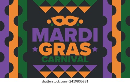 Mardi Gras Carnival in New Orleans. Fat Tuesday. Traditional holiday, celebration annual. Folk festival, costume masquerade, fun party. Carnival mask. Poster, card, banner and background. Vector