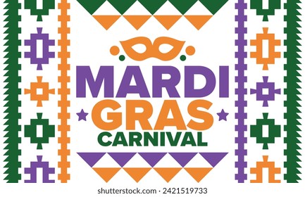 Mardi Gras Carnival in New Orleans. Fat Tuesday. Traditional holiday, celebration annual. Folk festival, costume masquerade, fun party. Carnival mask. Poster, card, banner and background. Vector