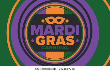 Mardi Gras Carnival in New Orleans. Fat Tuesday. Traditional holiday, celebration annual. Folk festival, costume masquerade, fun party. Carnival mask. Poster, card, banner and background. Vector