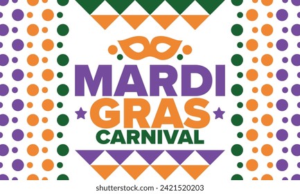 Mardi Gras Karneval in New Orleans. Fett Dienstag. Traditioneller Urlaub, Feiern Sie jährlich. Folklorefestival, Kostümmasquerade, Funchparty. Karnevalsmaske. Poster, Karte, Banner und Hintergrund. Vektorgrafik