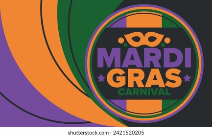 Mardi Gras Carnival in New Orleans. Fat Tuesday. Traditional holiday, celebration annual. Folk festival, costume masquerade, fun party. Carnival mask. Poster, card, banner and background. Vector