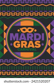 Mardi Gras Carnival in New Orleans. Fat Tuesday. Traditional holiday, celebration annual. Folk festival, costume masquerade, fun party. Carnival mask. Poster, card, banner and background. Vector