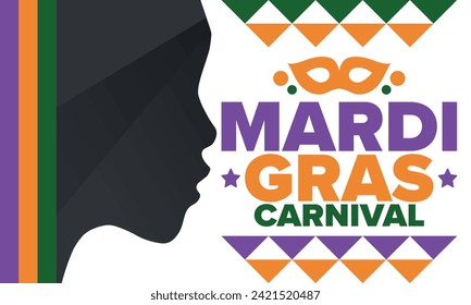 Mardi Gras Carnival in New Orleans. Fat Tuesday. Traditional holiday, celebration annual. Folk festival, costume masquerade, fun party. Carnival mask. Poster, card, banner and background. Vector