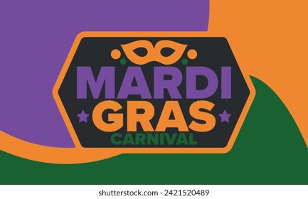 Mardi Gras Carnival in New Orleans. Fat Tuesday. Traditional holiday, celebration annual. Folk festival, costume masquerade, fun party. Carnival mask. Poster, card, banner and background. Vector