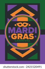 Mardi Gras Carnival in New Orleans. Fat Tuesday. Traditional holiday, celebration annual. Folk festival, costume masquerade, fun party. Carnival mask. Poster, card, banner and background. Vector