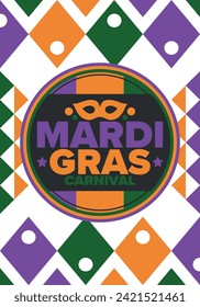 Mardi Gras Carnival in New Orleans. Fat Tuesday. Traditional holiday, celebration annual. Folk festival, costume masquerade, fun party. Carnival mask. Poster, card, banner and background. Vector