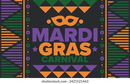 Mardi Gras Carnival in New Orleans. Fat Tuesday. Traditional holiday, celebration annual. Folk festival, costume masquerade, fun party. Carnival mask. Poster, card, banner and background. Vector