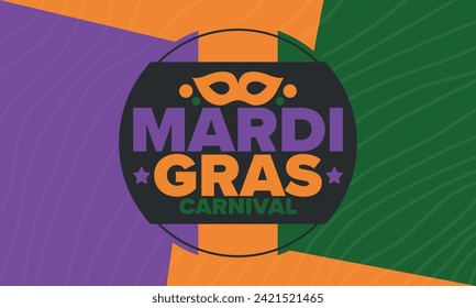 Mardi Gras Carnival in New Orleans. Fat Tuesday. Traditional holiday, celebration annual. Folk festival, costume masquerade, fun party. Carnival mask. Poster, card, banner and background. Vector