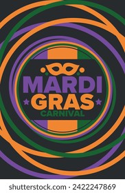 Mardi Gras Carnival in New Orleans. Fat Tuesday. Traditional holiday, celebration annual. Folk festival, costume masquerade, fun party. Carnival mask. Poster, card, banner and background. Vector