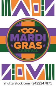 Mardi Gras Carnival in New Orleans. Fat Tuesday. Traditional holiday, celebration annual. Folk festival, costume masquerade, fun party. Carnival mask. Poster, card, banner and background. Vector