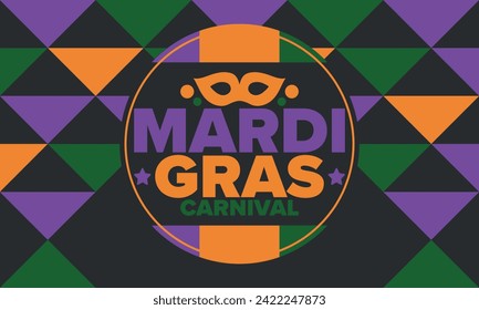 Mardi Gras Carnival in New Orleans. Fat Tuesday. Traditional holiday, celebration annual. Folk festival, costume masquerade, fun party. Carnival mask. Poster, card, banner and background. Vector