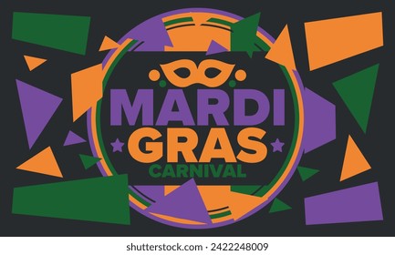 Mardi Gras Carnival in New Orleans. Fat Tuesday. Traditional holiday, celebration annual. Folk festival, costume masquerade, fun party. Carnival mask. Poster, card, banner and background. Vector