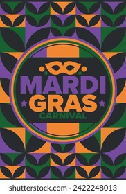 Mardi Gras Carnival in New Orleans. Fat Tuesday. Traditional holiday, celebration annual. Folk festival, costume masquerade, fun party. Carnival mask. Poster, card, banner and background. Vector