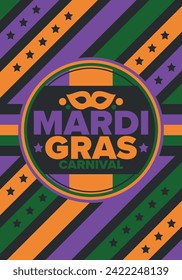 Mardi Gras Carnival in New Orleans. Fat Tuesday. Traditional holiday, celebration annual. Folk festival, costume masquerade, fun party. Carnival mask. Poster, card, banner and background. Vector