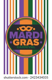 Mardi Gras Carnival in New Orleans. Fat Tuesday. Traditional holiday, celebration annual. Folk festival, costume masquerade, fun party. Carnival mask. Poster, card, banner and background. Vector