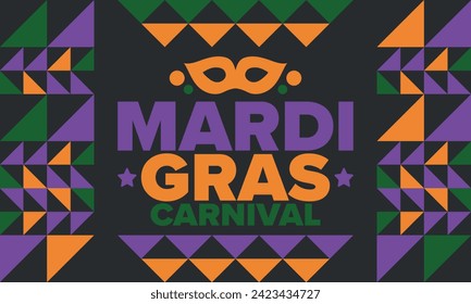 Mardi Gras Carnival in New Orleans. Fat Tuesday. Traditional holiday, celebration annual. Folk festival, costume masquerade, fun party. Carnival mask. Poster, card, banner and background. Vector