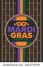 Mardi Gras Carnival in New Orleans. Fat Tuesday. Traditional holiday, celebration annual. Folk festival, costume masquerade, fun party. Carnival mask. Poster, card, banner and background. Vector