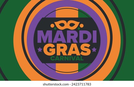 Mardi Gras Carnival in New Orleans. Fat Tuesday. Traditional holiday, celebration annual. Folk festival, costume masquerade, fun party. Carnival mask. Poster, card, banner and background. Vector