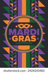 Mardi Gras Carnival in New Orleans. Fat Tuesday. Traditional holiday, celebration annual. Folk festival, costume masquerade, fun party. Carnival mask. Poster, card, banner and background. Vector