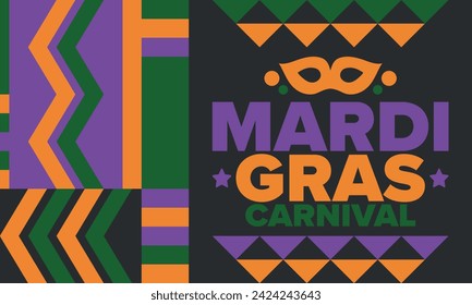 Mardi Gras Carnival in New Orleans. Fat Tuesday. Traditional holiday, celebration annual. Folk festival, costume masquerade, fun party. Carnival mask. Poster, card, banner and background. Vector