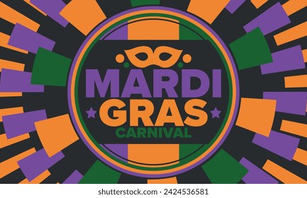 Mardi Gras Karneval in New Orleans. Fat Tuesday. Traditioneller Feiertag, jährliche Feier. Volksfest, Kostümmaskerade, lustige Party. Karnevalsmaske. Poster, Karte, Banner und Hintergrund. Vektor