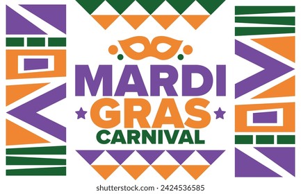 Mardi Gras Carnival in New Orleans. Fat Tuesday. Traditional holiday, celebration annual. Folk festival, costume masquerade, fun party. Carnival mask. Poster, card, banner and background. Vector