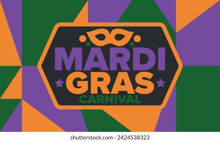 Mardi Gras Carnival in New Orleans. Fat Tuesday. Traditional holiday, celebration annual. Folk festival, costume masquerade, fun party. Carnival mask. Poster, card, banner and background. Vector