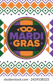 Mardi Gras Karneval in New Orleans. Fat Tuesday. Traditioneller Feiertag, jährliche Feier. Volksfest, Kostümmaskerade, lustige Party. Karnevalsmaske. Poster, Karte, Banner und Hintergrund. Vektor